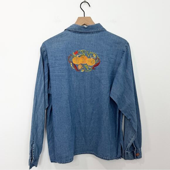 Tantrums Denim Shirt Jacket Women’s Embroidered Autumn Pumpkin Buttons Large - Picture 2 of 4